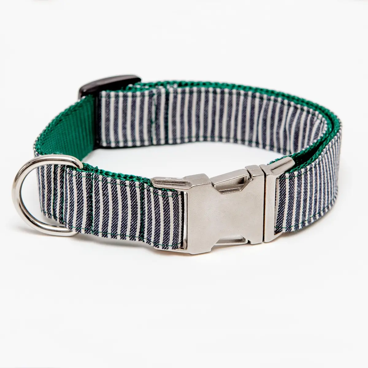 Railroad Canvas Stripe Denim With Forest Green Dog Collar (Made In The Usa) (Final Sale) 1