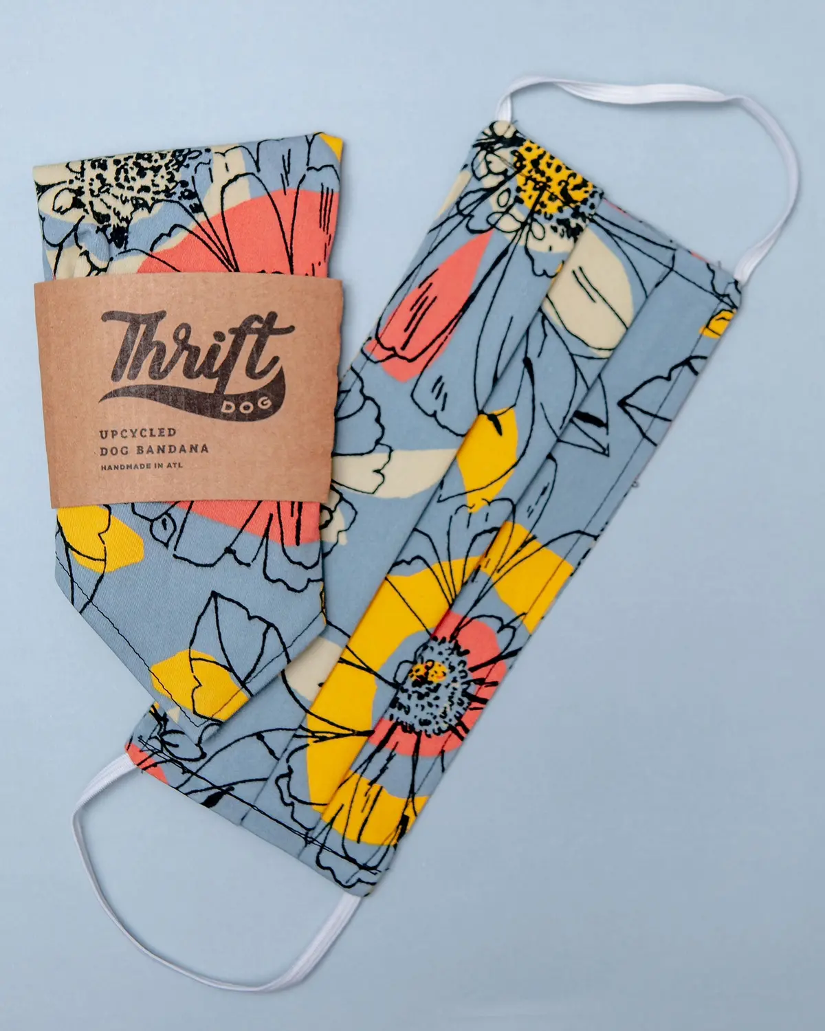 Matching Face Mask & Dog Bandana Set In Steel Blue Floral (Made In The Usa) 1