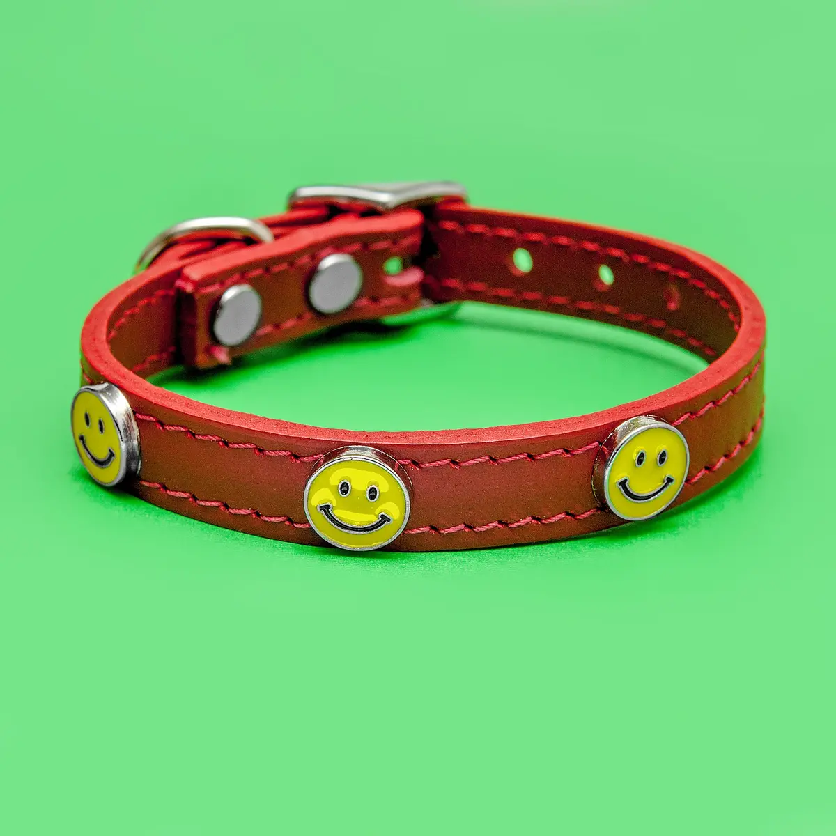 Happy Face Leather Collar In Red 1