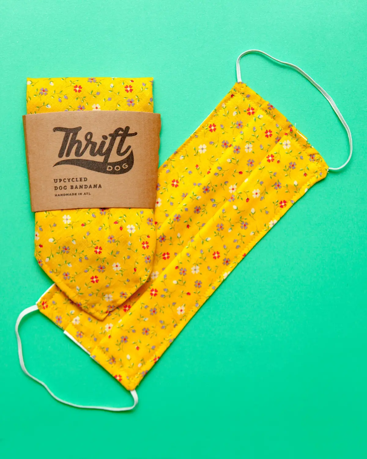 Face Mask & Dog Bandana Set In Yellow Multi Floral 1