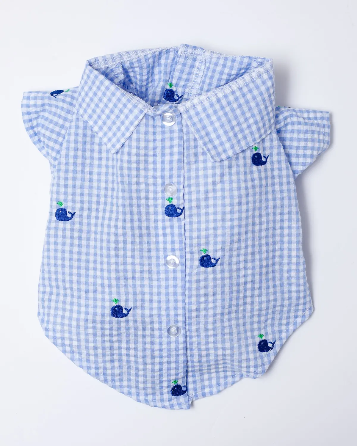 Seersucker Gingham Dog Shirt With Embroidered Whales (Final Sale) 1