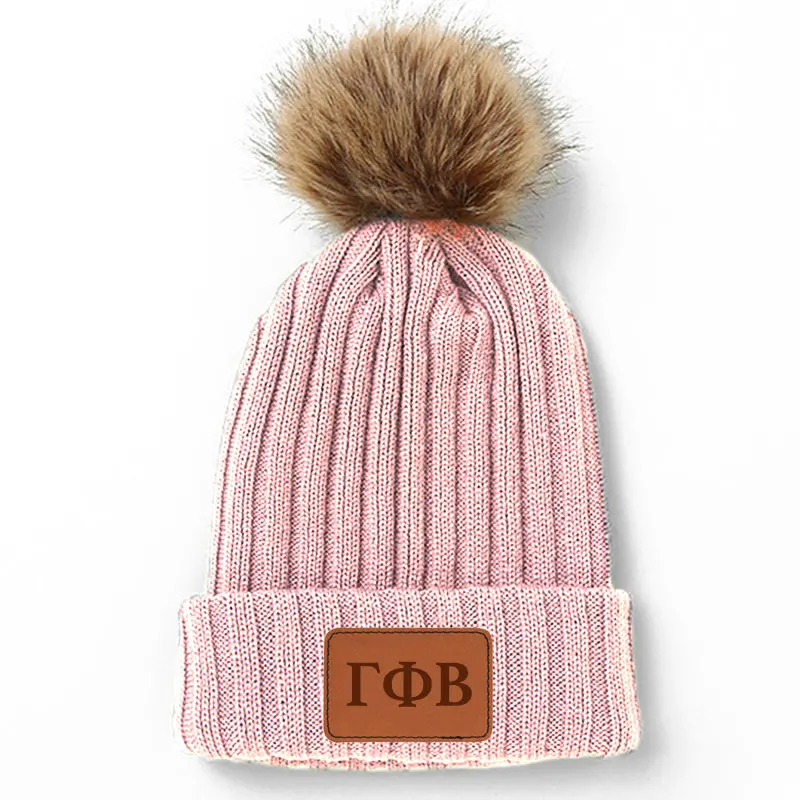 Gamma Phi Beta Leather Patch Pom Pom Knit Hat 1