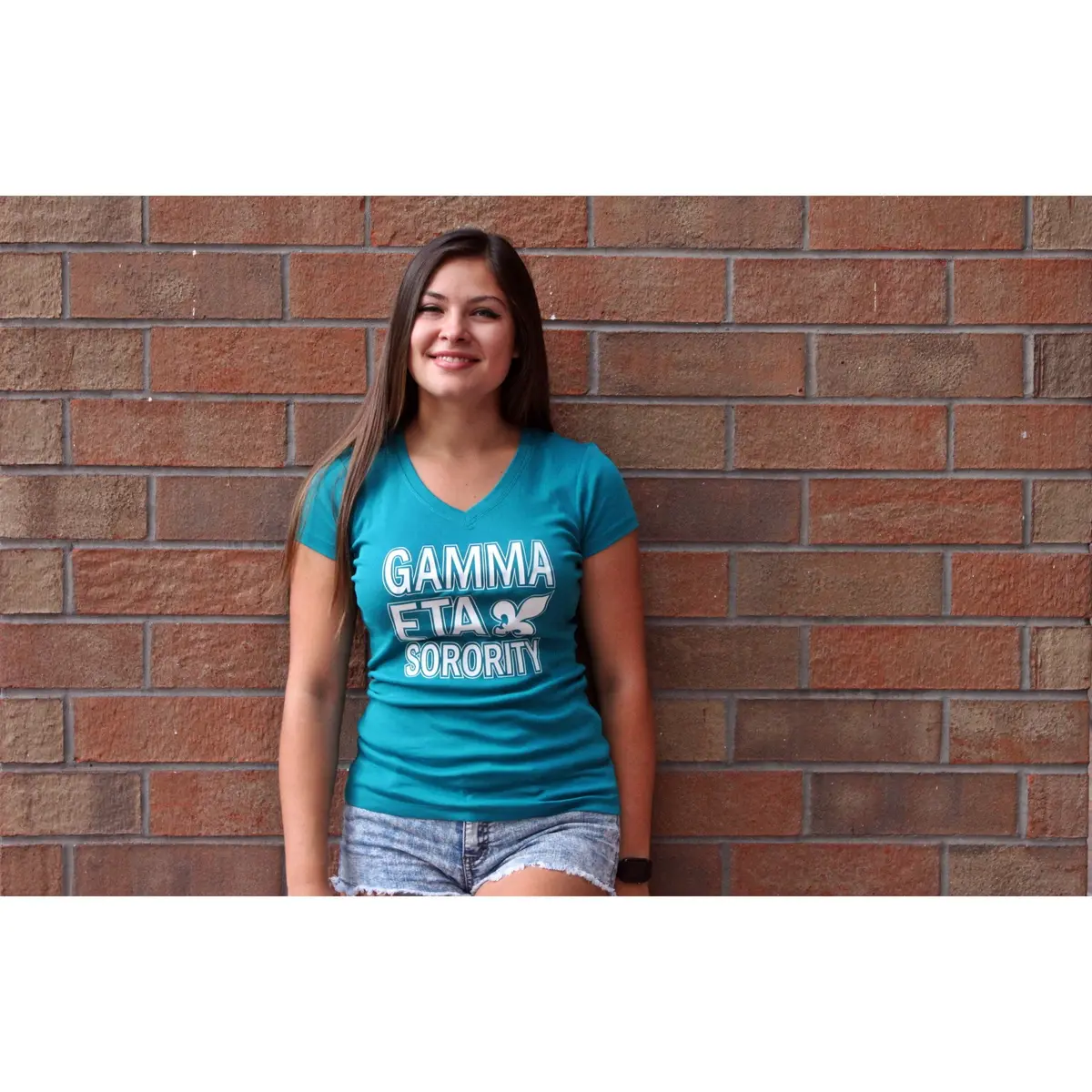 Gamma Eta Fleur De Lis Teal V-Neck - Discontinued 1