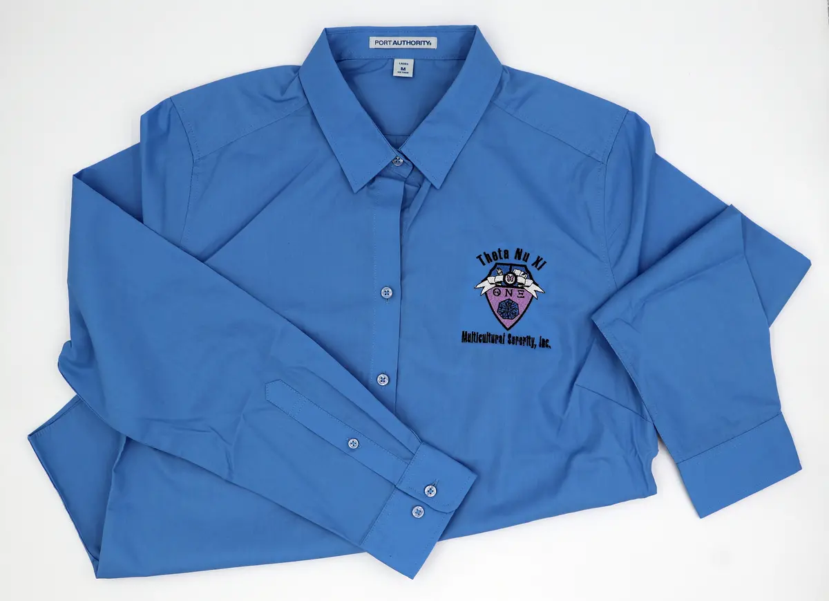 Theta Nu Xi Ladies Long Sleeve Carefree Poplin Shirt 1