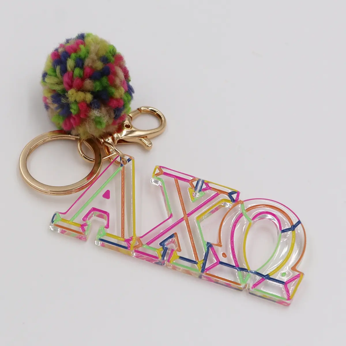 Alpha Chi Omega Color Block Acrylic Pom Keychain 1
