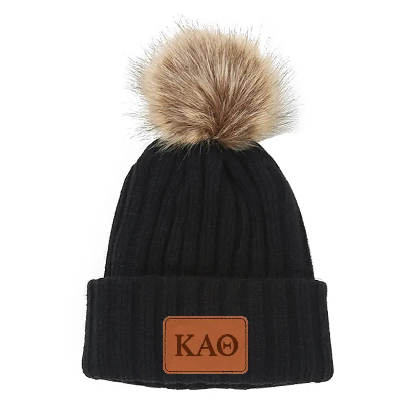 Kappa Alpha Theta Leather Patch Pom Pom Knit Hat 1