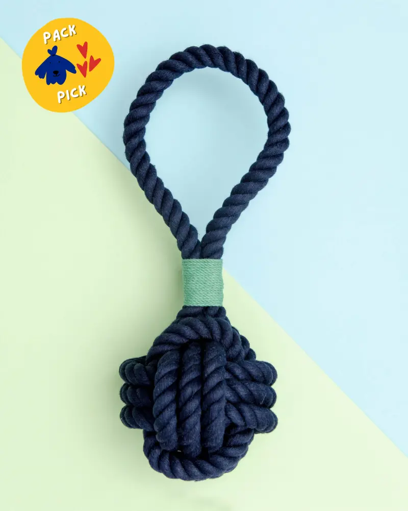 Monkey Fist Rope Dog Toy In Navy With Green Whipping (Made In The Usa) 1
