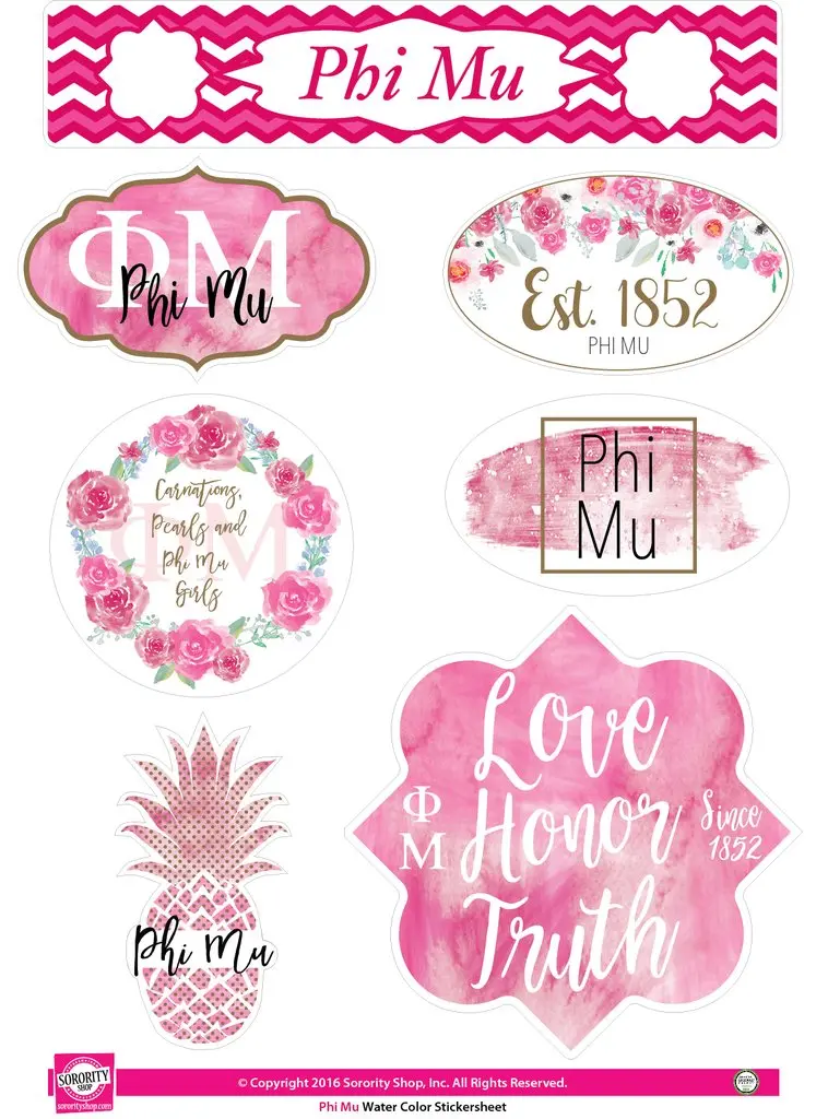 Phi Mu Watercolor Sticker Sheet 1