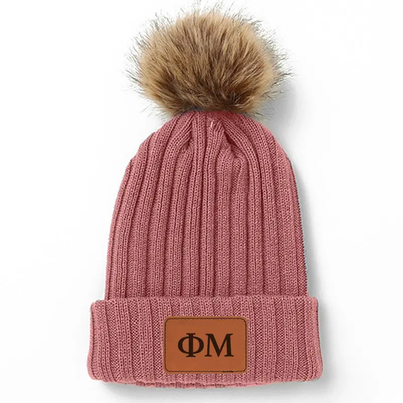 Phi Mu Leather Patch Pom Pom Knit Hat 1