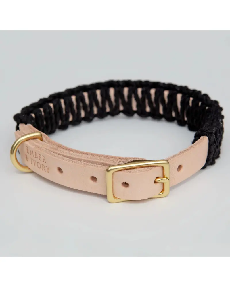 Macrame & Leather Dog Collar In Black W/ Natural (Made In The Usa) 1