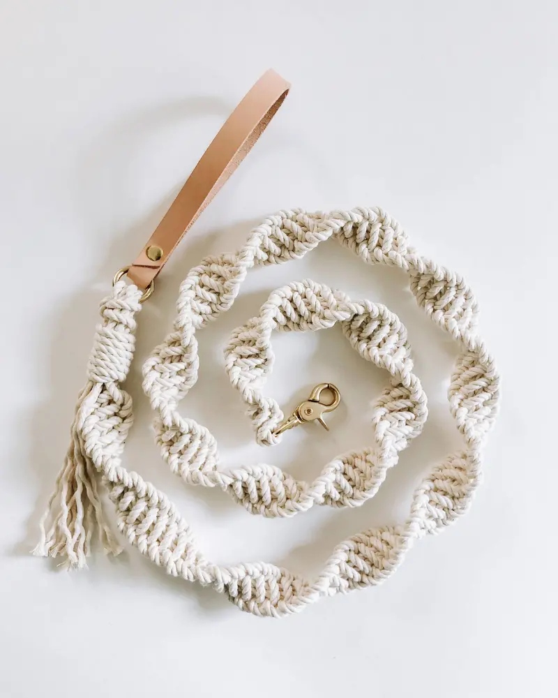 Macrame And Leather Dog Leash In Natural (Made In The Usa) 1