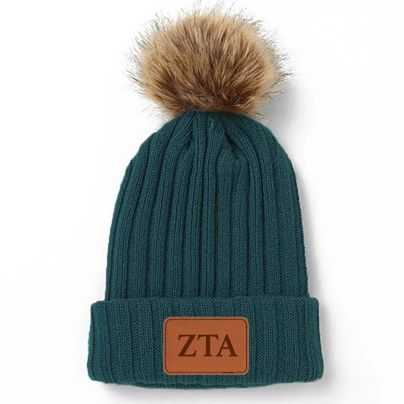Zeta Tau Alpha Leather Patch Pom Pom Knit Hat 1