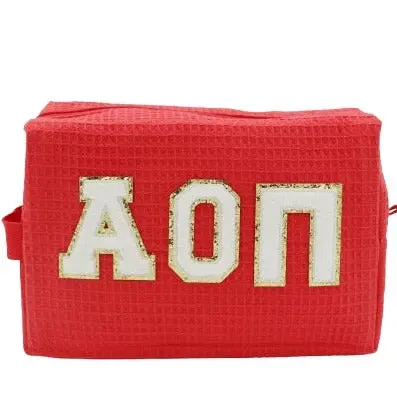 Alpha Omicron Pi Waffle Make-Up Bag With Chenille Letters 1
