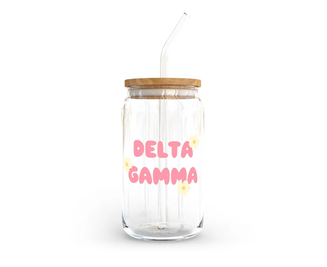 Delta Gamma Glass Cup With Yellow Flowers 1
