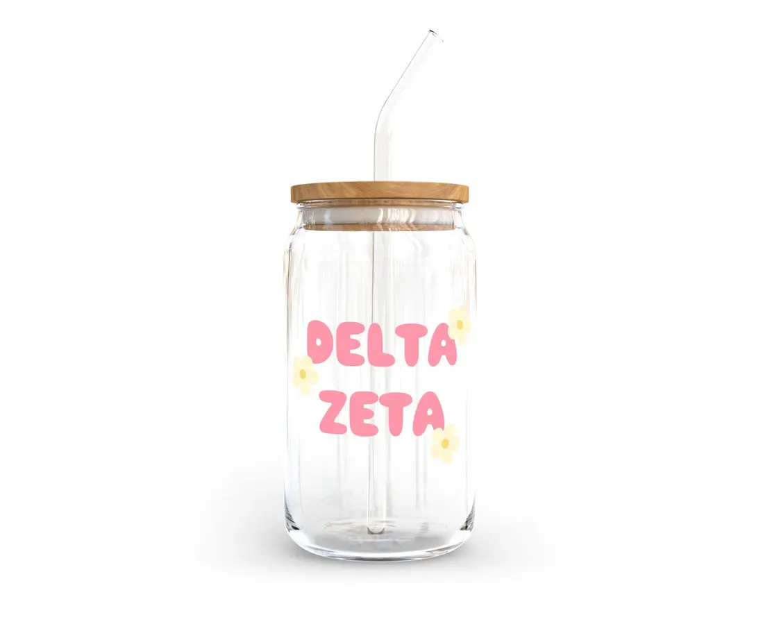 Delta Zeta Glass Cup With Yellow Flowers 1