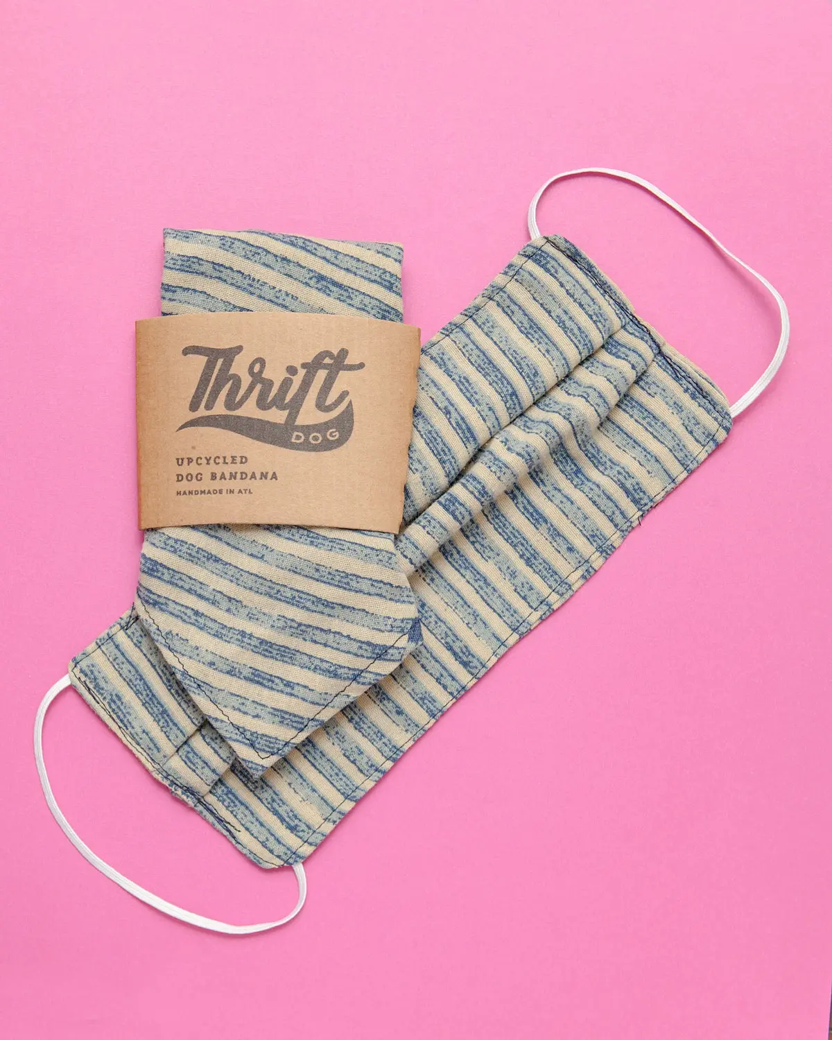 Matching Face Mask & Dog Bandana Set In Vintage Navy Stripe 1