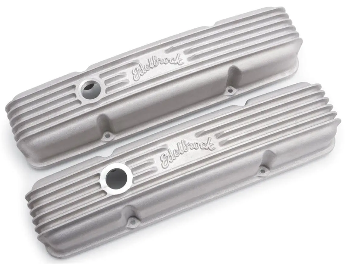 Edelbrock 41449 Classic Valve Covers – Cast Aluminum, Polished Finish, Billet Breather Bung 1
