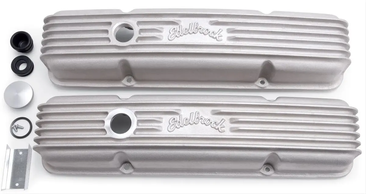 Edelbrock 41449 Classic Valve Covers – Cast Aluminum, Polished Finish, Billet Breather Bung 2