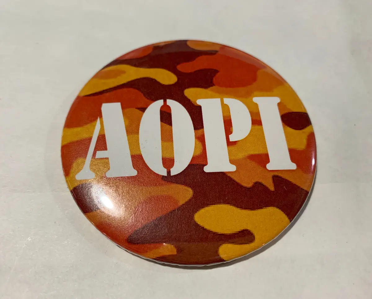 Alpha Omicron Pi Orange Camo Printed Button 1