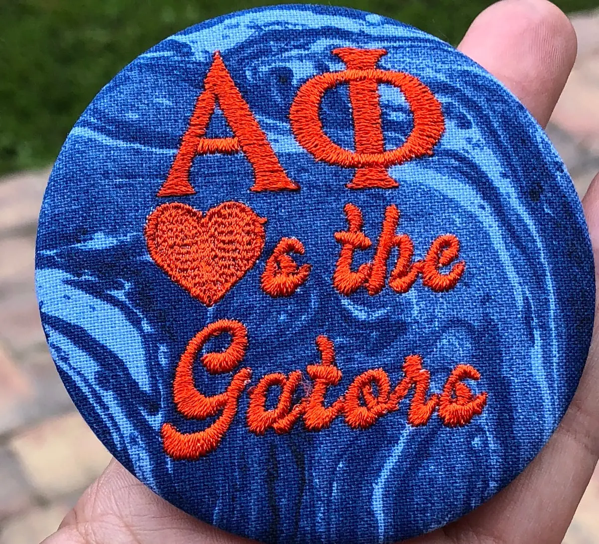 Alpha Phi “Hearts The Gators" Retro Game Day Embroidered Button 1