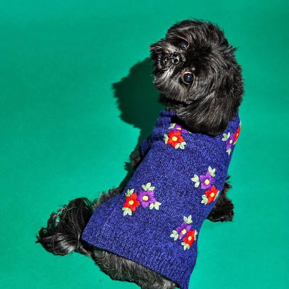 Ware Of The Dog | Embroidered Flower Sweater In Blue Melange 1